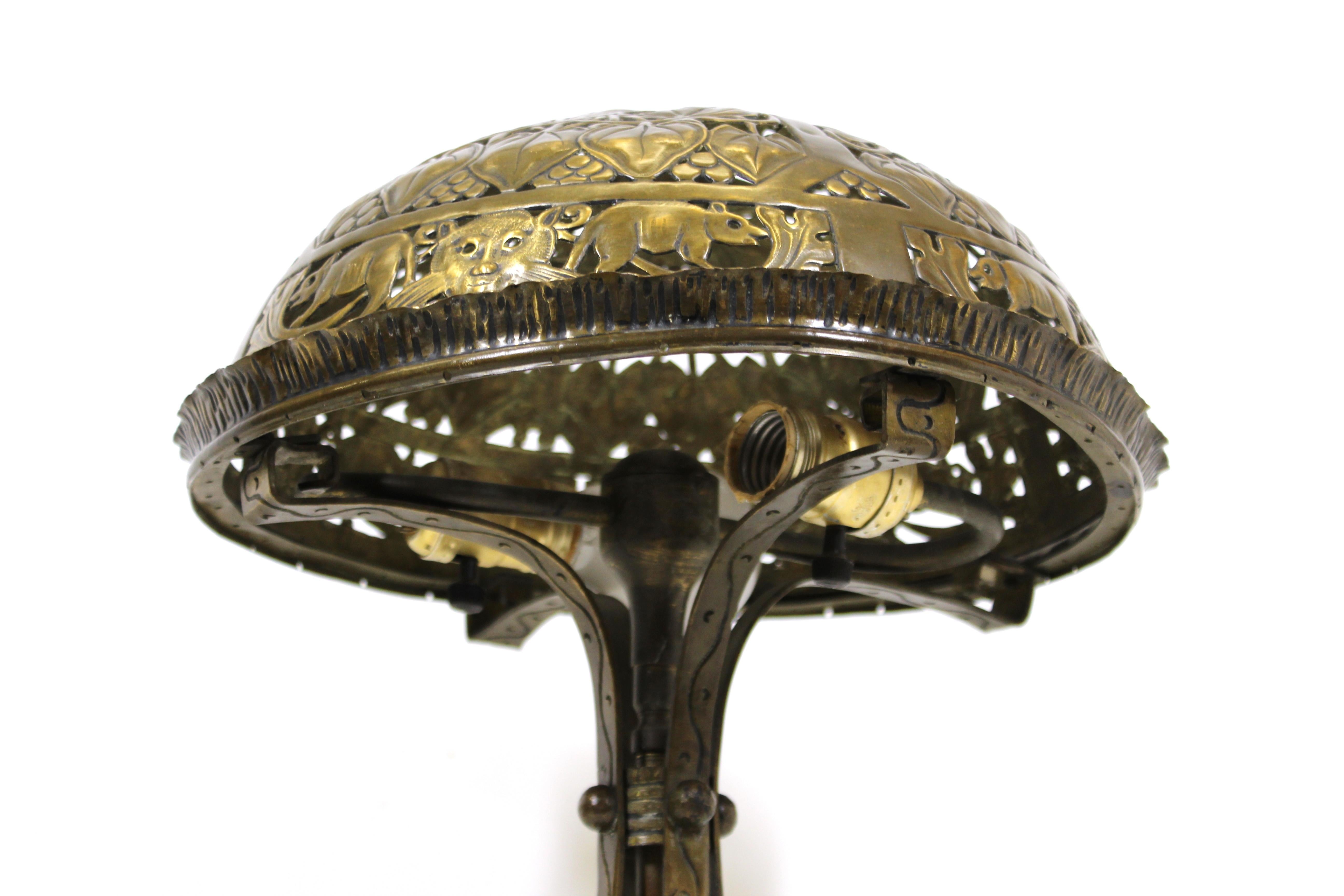 German Jugendstil Repousse Brass and Bronze Table Lamp Attributed to Oscar Bach 1