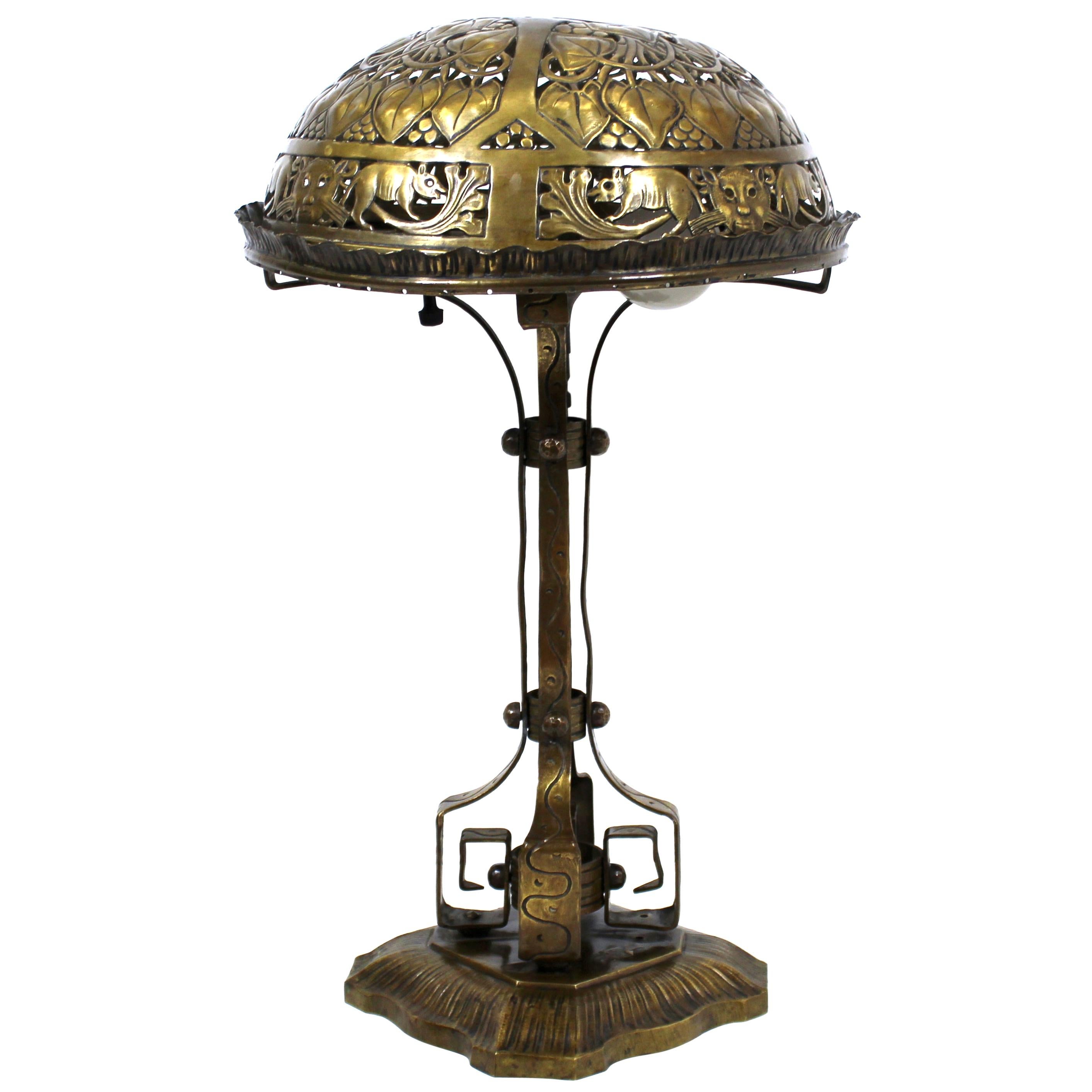 German Jugendstil Repousse Brass and Bronze Table Lamp Attributed to Oscar Bach For Sale