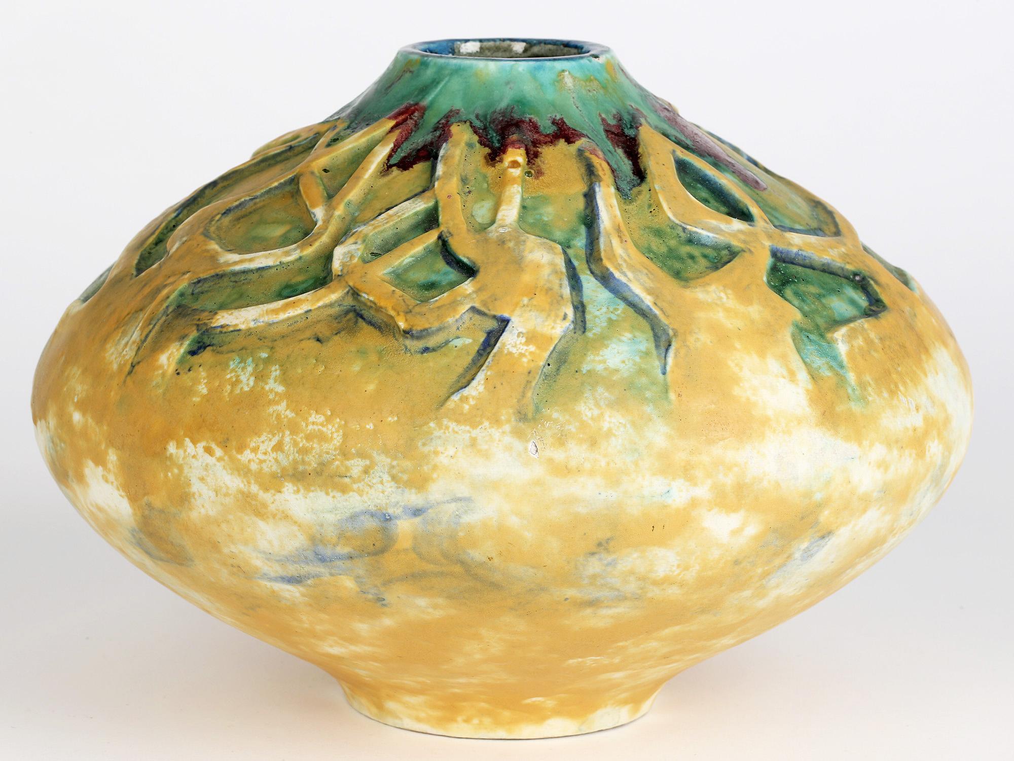 German Jugendstil Stylized Tree Design Art Pottery Vase For Sale 5