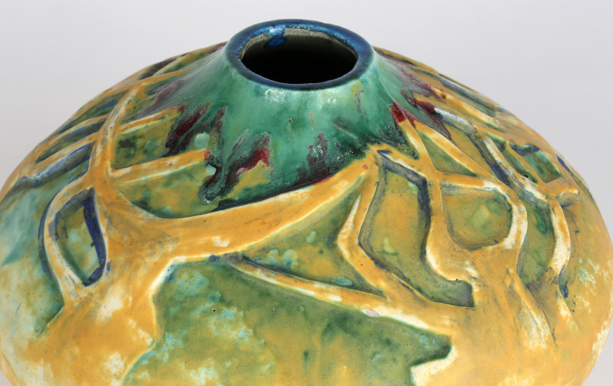 German Jugendstil Stylized Tree Design Art Pottery Vase For Sale 6