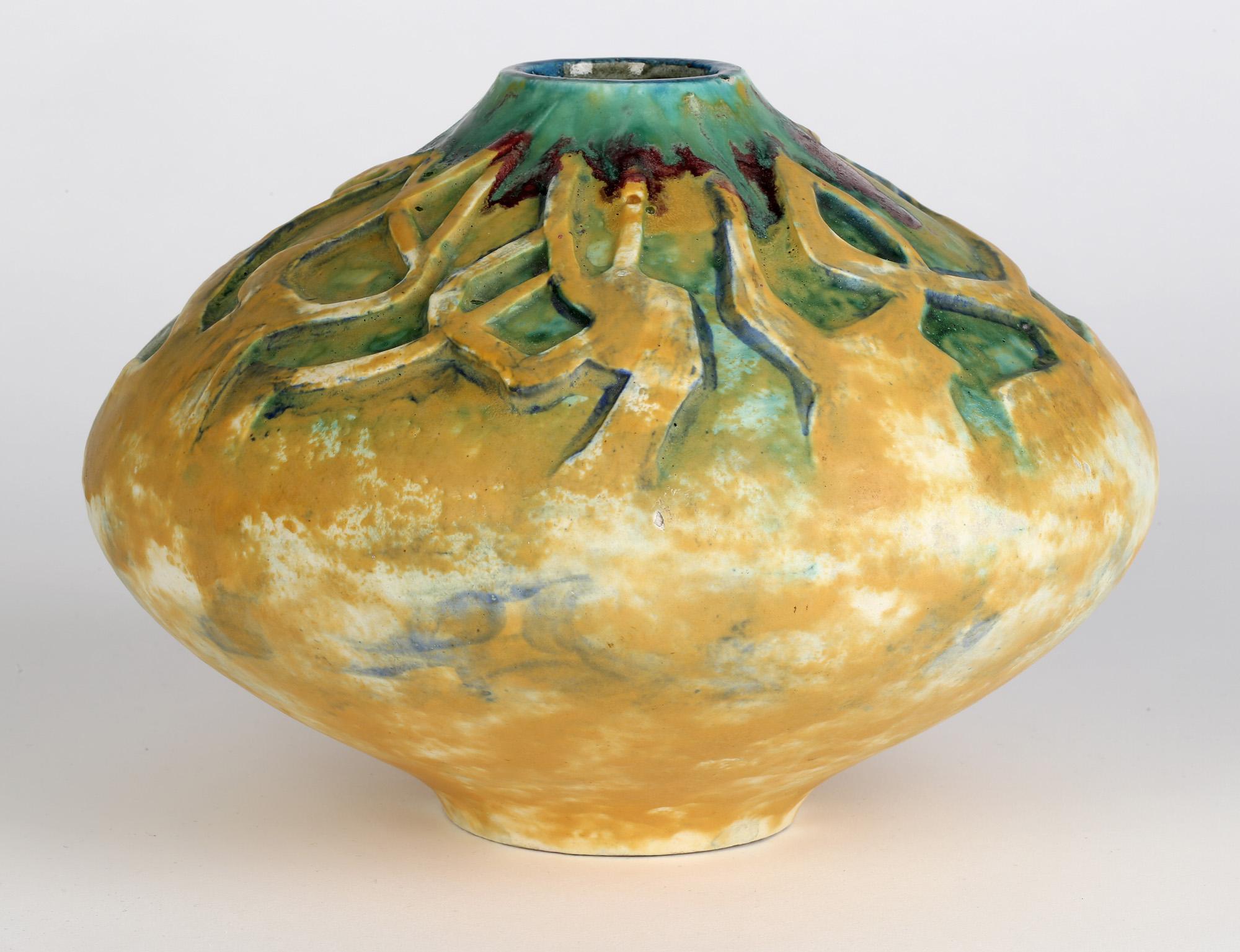 German Jugendstil Stylized Tree Design Art Pottery Vase For Sale 11