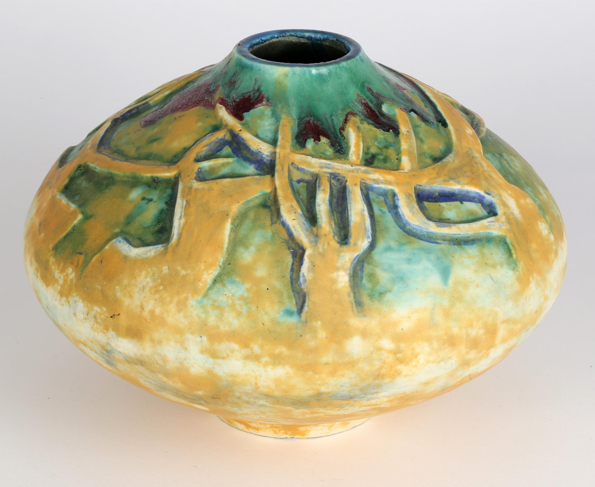Hand-Crafted German Jugendstil Stylized Tree Design Art Pottery Vase For Sale