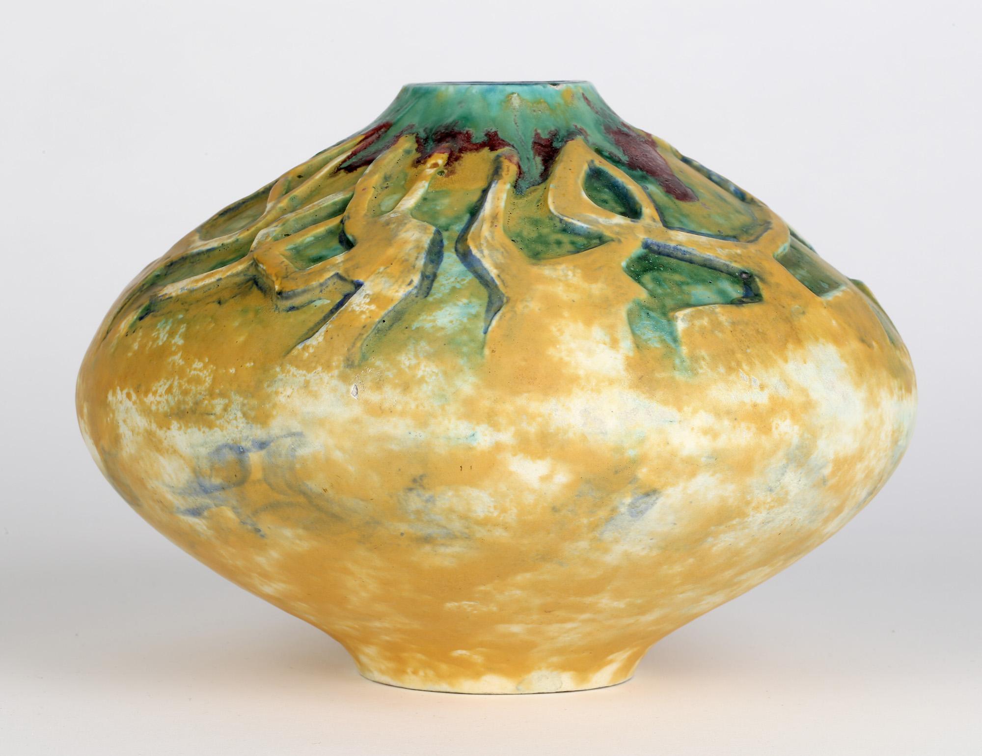 German Jugendstil Stylized Tree Design Art Pottery Vase For Sale 1