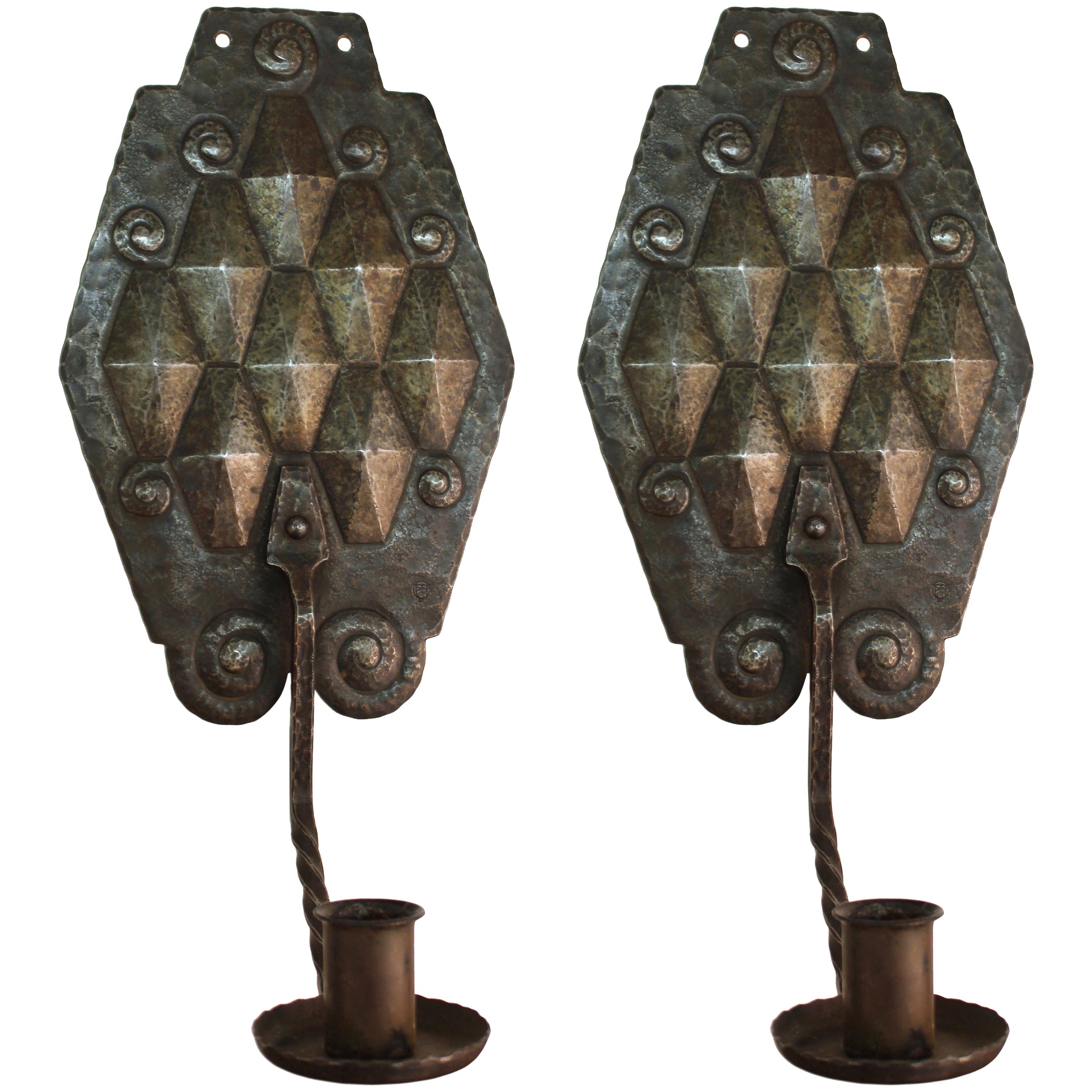 German Jugendstil Wall Candle Sconces in Silvered Wrought Iron and Brass For Sale