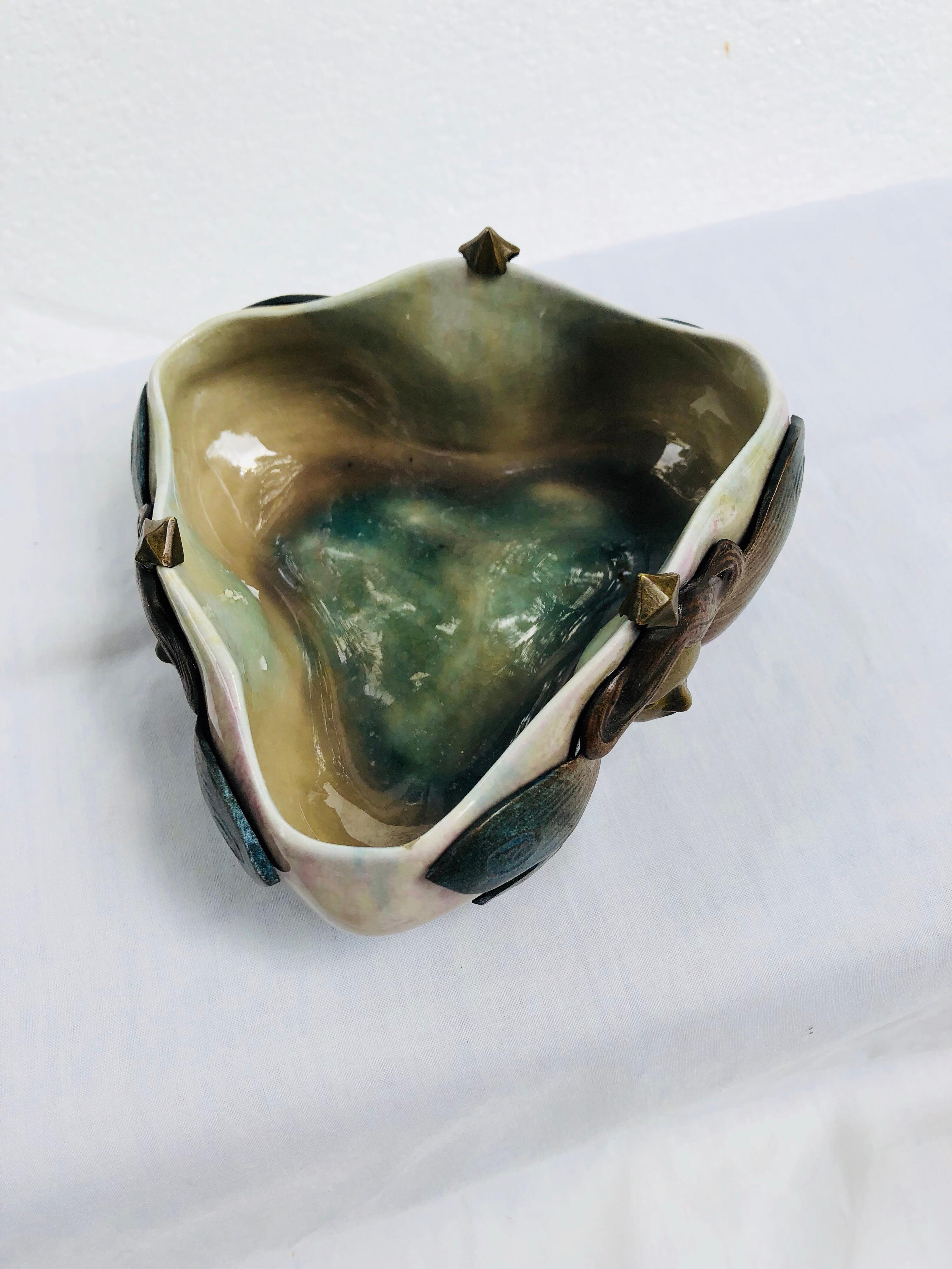 Glazed German Jugenstil Metal Mounted Stoneware Small Bowl