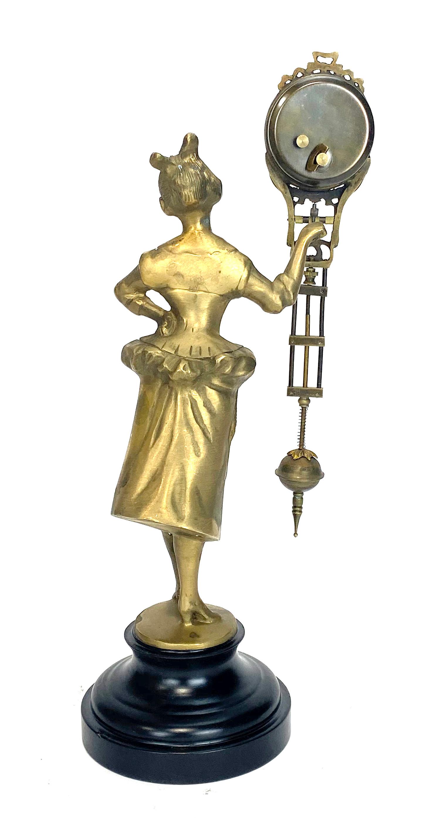 German Junghans Style Brass Barmaid Lady Swinging Clock In Good Condition For Sale In Danville, CA