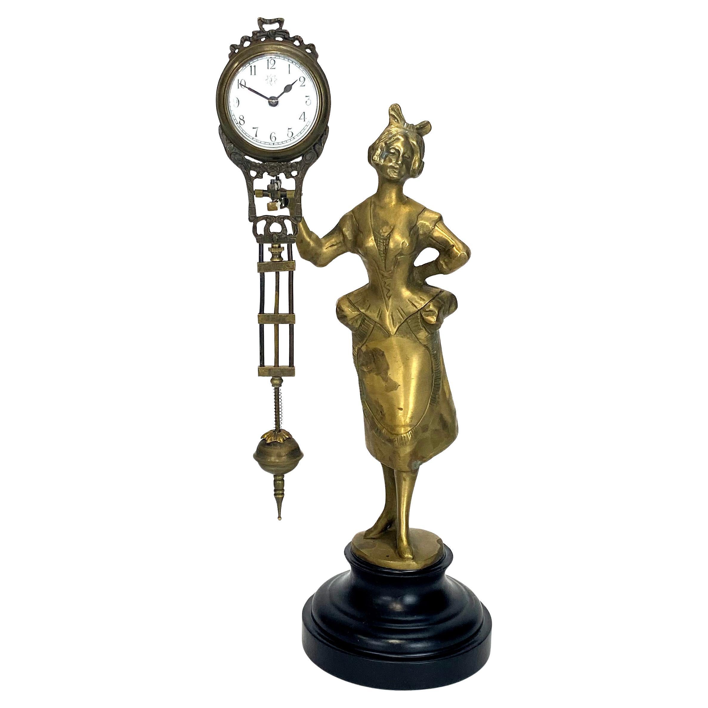 German Junghans Style Brass Barmaid Lady Swinging Clock
