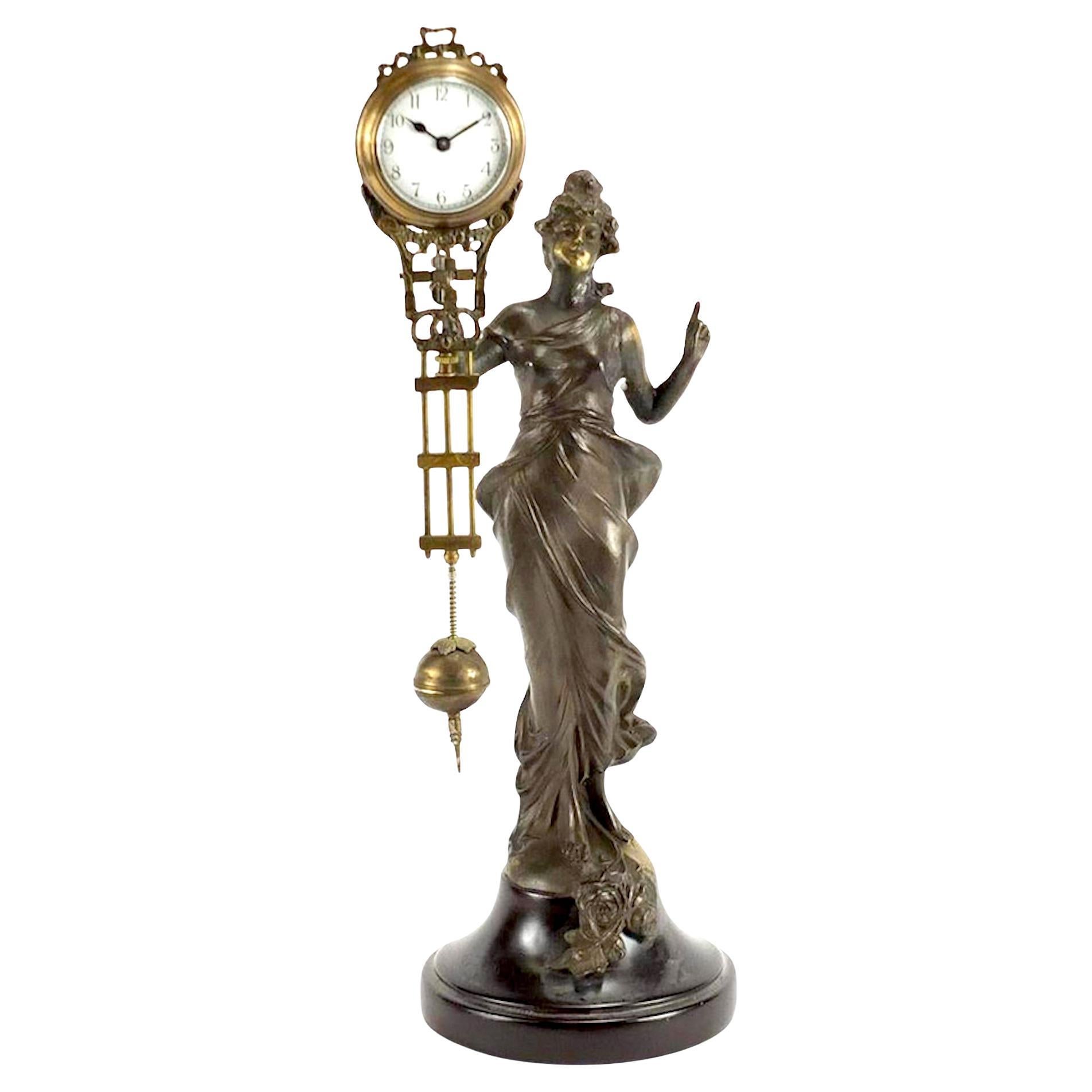 German Junghans Style Brass Lady Diana Figure Porcelain Dial Swinging Clock For Sale