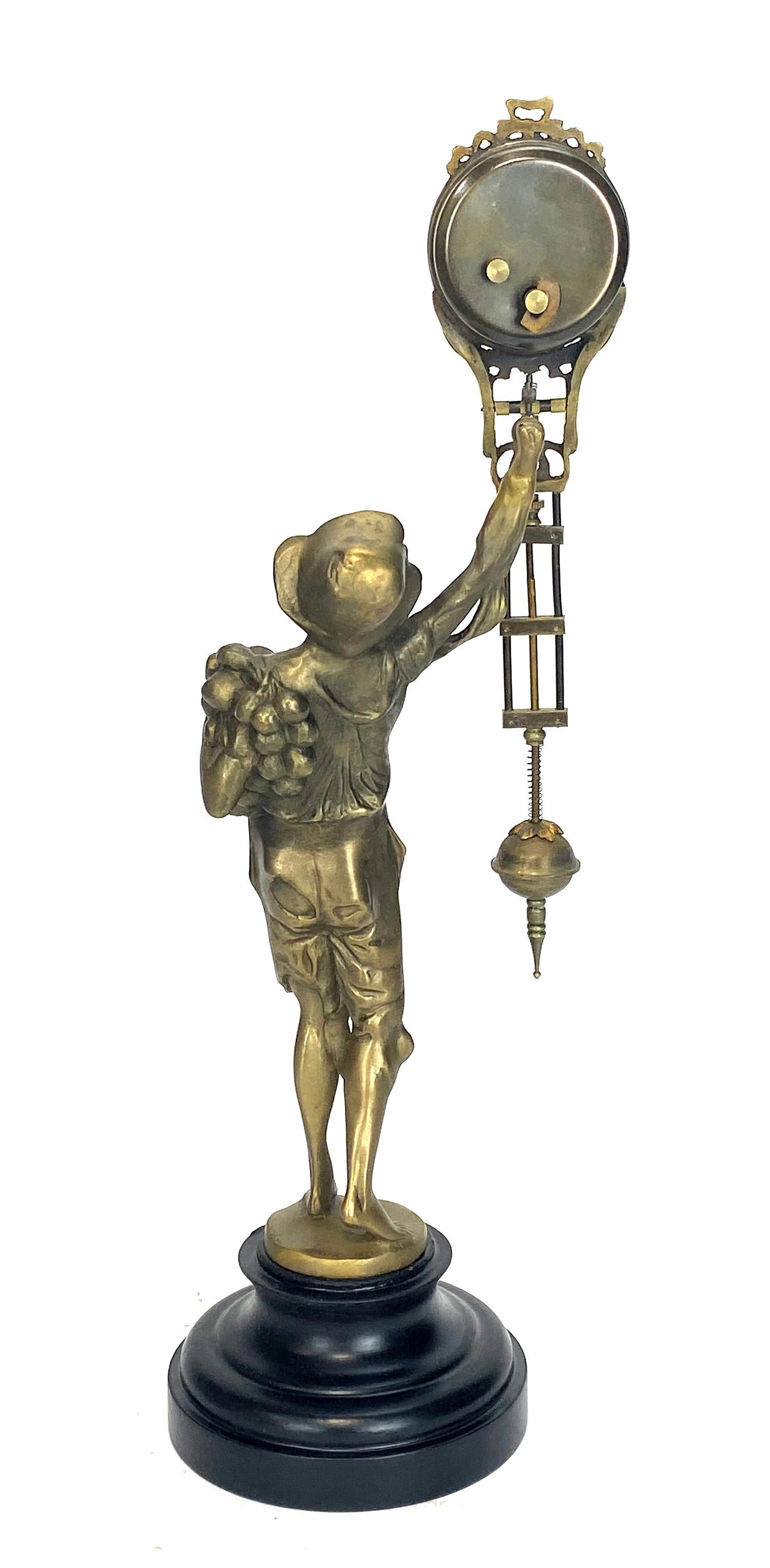 German Junghans Style Brass Onion Boy Figure Swinging Clock In Good Condition For Sale In Danville, CA