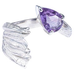 German Kabirski Alecto 925 Silver Open Band Ring with Pear Cut Amethyst