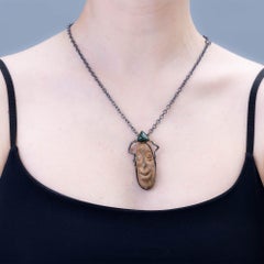 German Kabirski Amica Silver Pendant with Ancient Stone Maskette & Black Opal