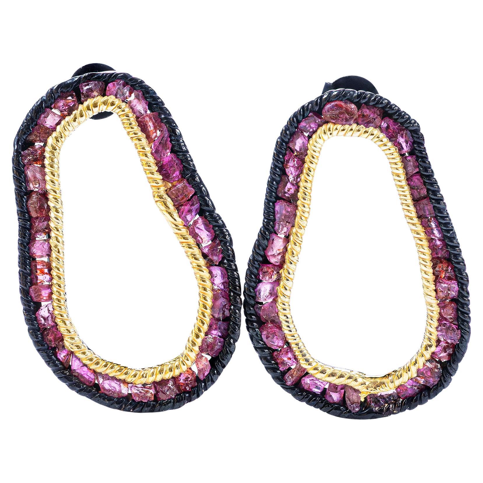 German Kabirski Arven Raw Ruby Anthracite 
Gold Plated Silver Earrings