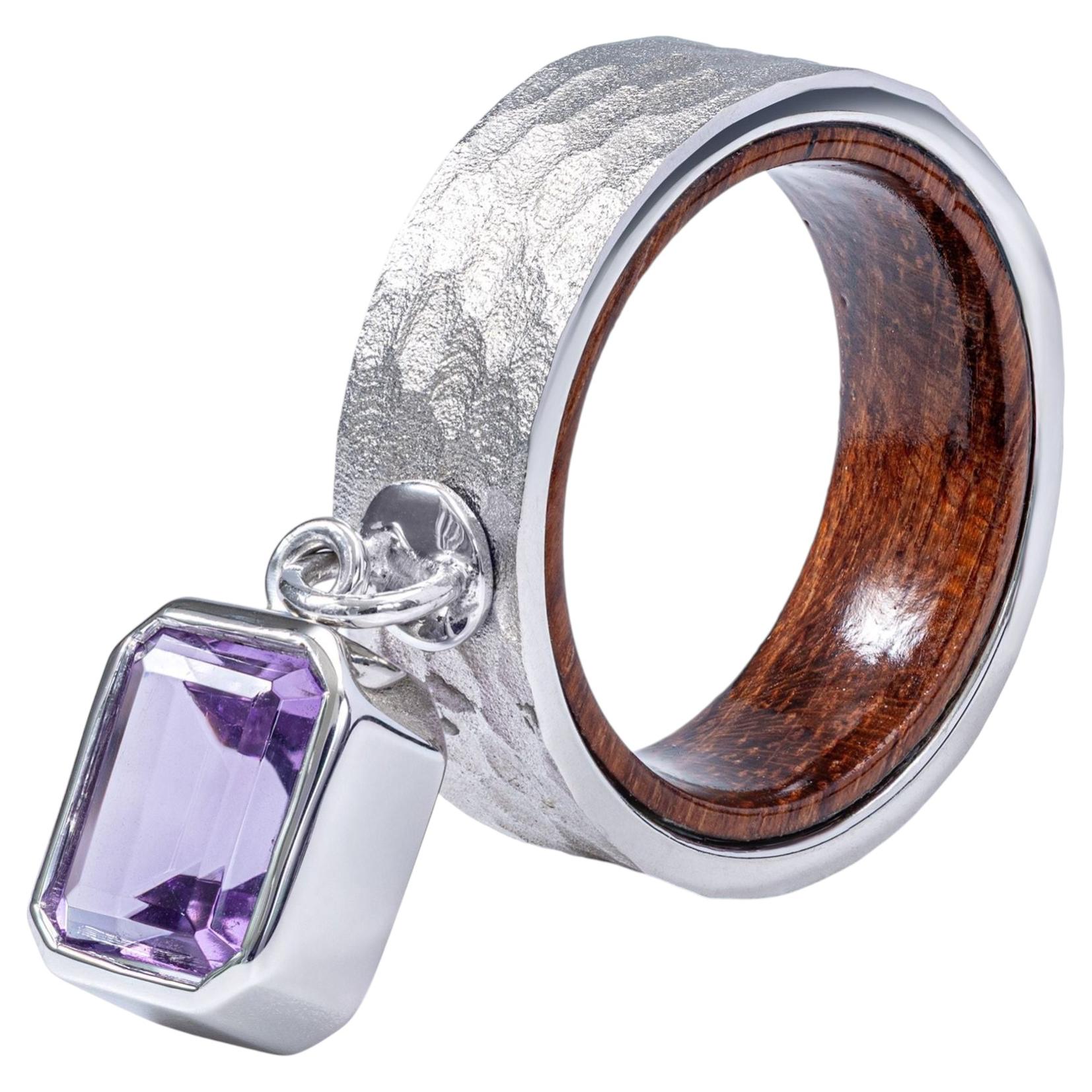 German Kabirski Aurae Silver & Rosewood Textured Ring with Suspended Amethyst For Sale