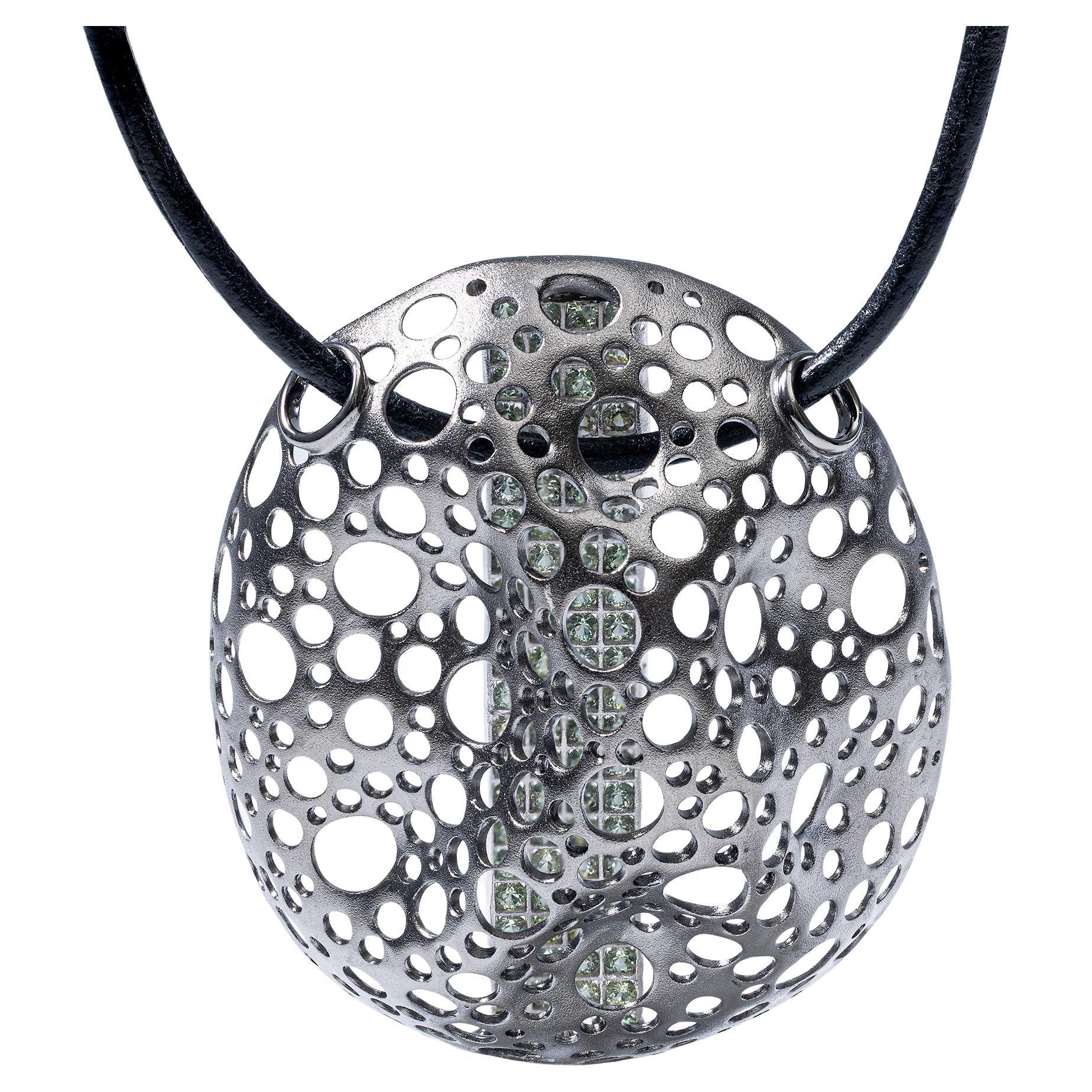 German Kabirski Boreas Singular Edition Green Sapphires Silver Pendant For Sale