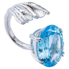 German Kabirski Caelum Textured Silver Open Ring with Oval Cut Blue Topaz