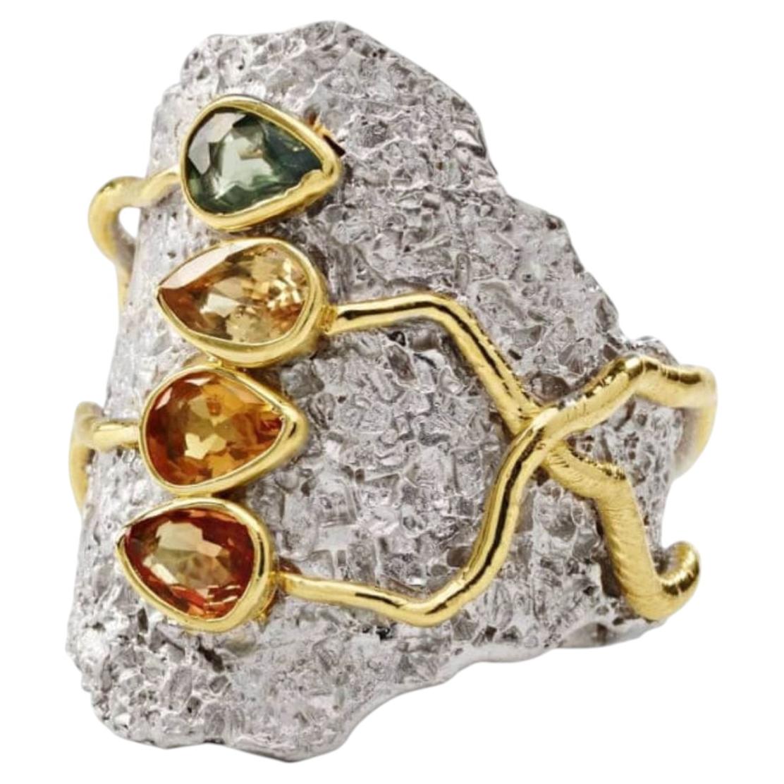 German Kabirski Callam Sterling Silver Ring with Mixed Color Pear Cut Sapphires For Sale