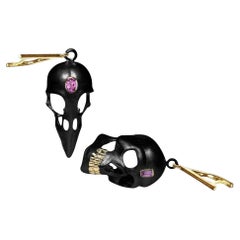 German Kabirski Calvina Skull Motif Asymmetric Natural Amethyst Silver Earrings