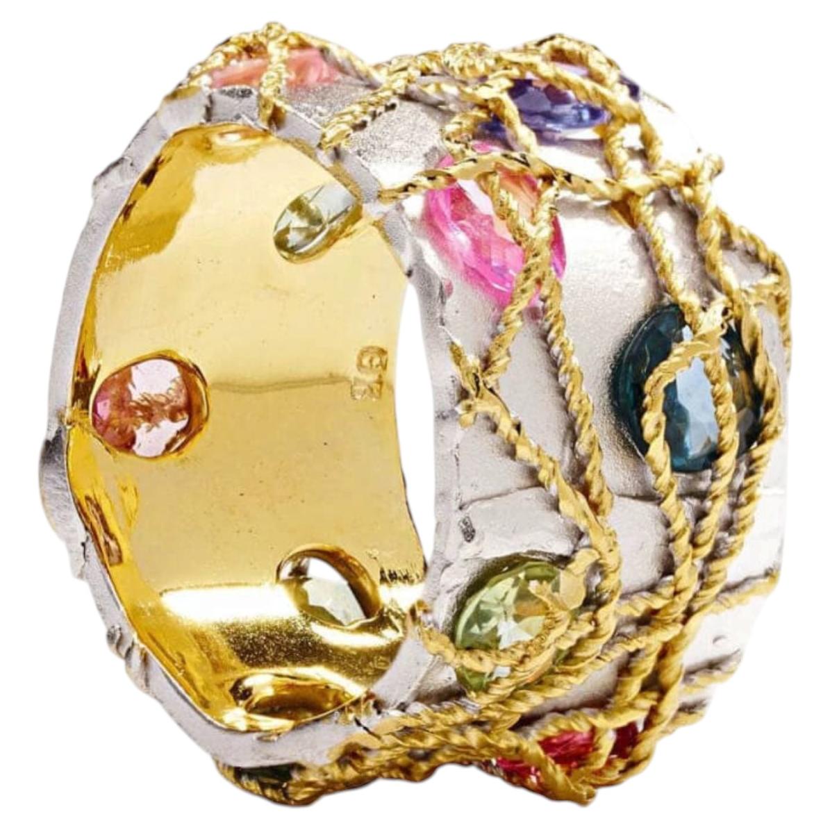 German Kabirski Canni Hallmark 925 Silver Ring with Mixed Color Sapphires