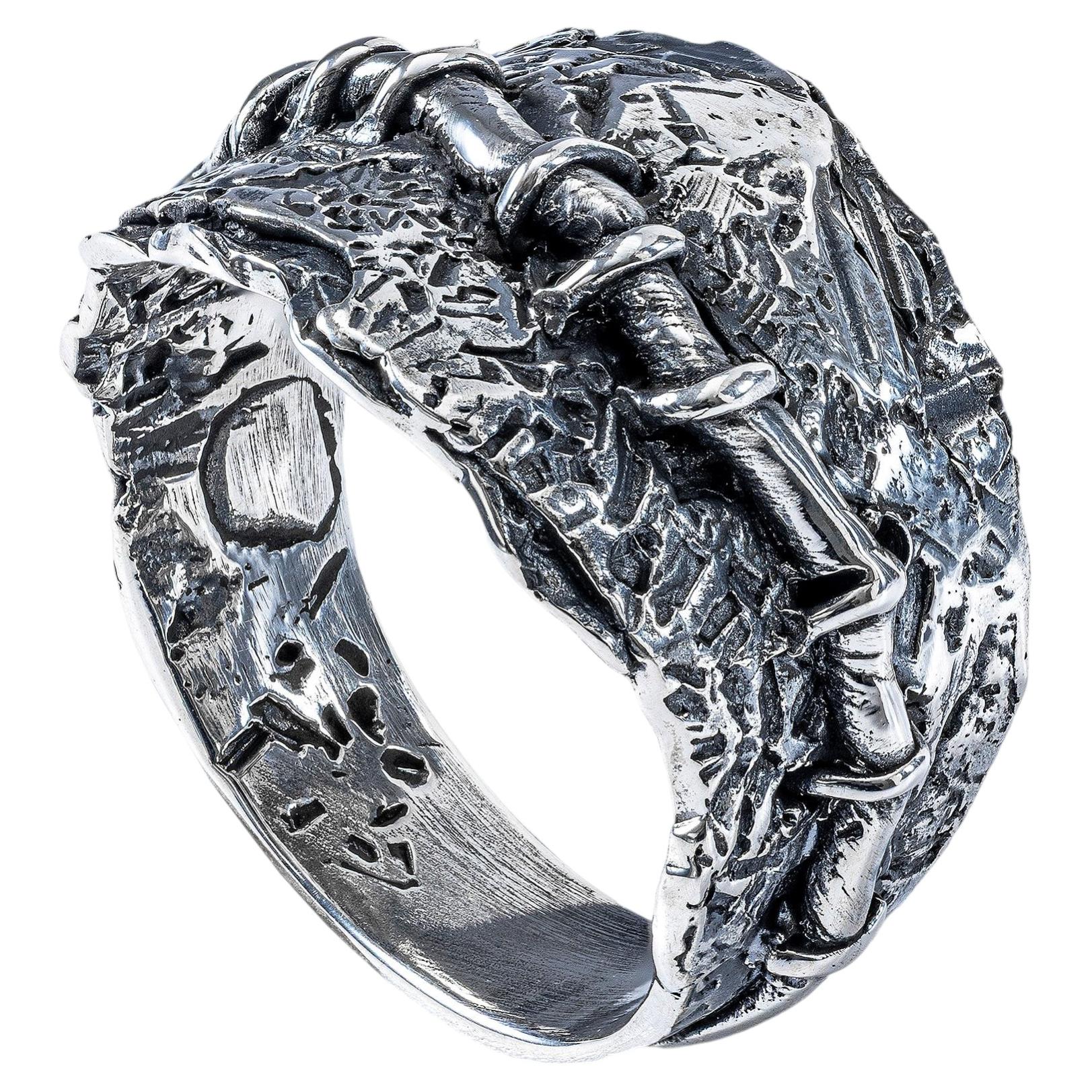 Deutscher Kabirski Chimäre Texturiert Oxidiert 925 Sterling Silber Ring