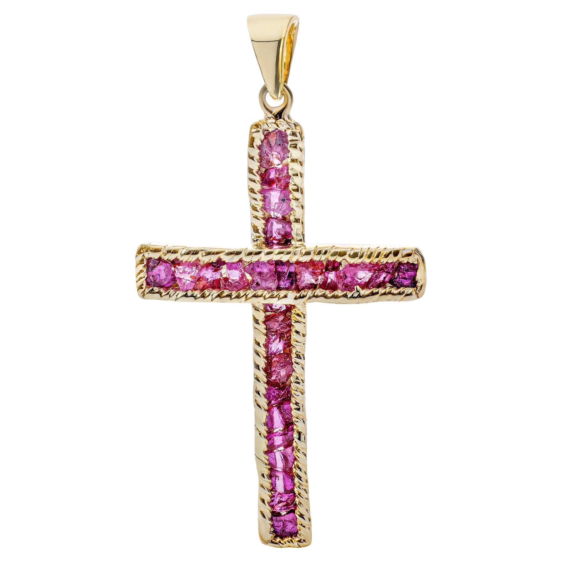 German Kabirski Crux Raw Rubies Gold Plated Silver Cross Pendant For Sale