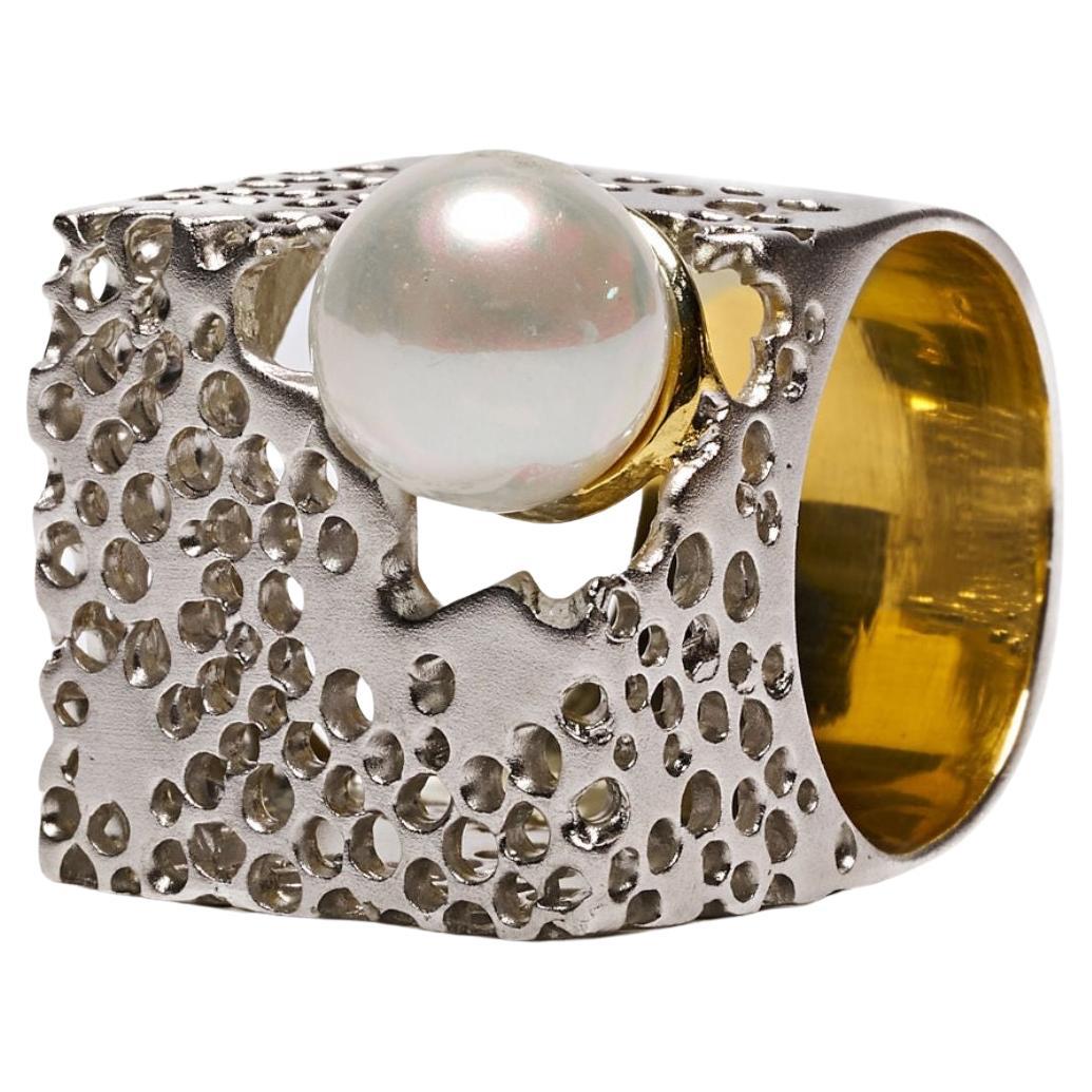 Deutscher Kabirski Devonia 925 Silber Cocktail Ring mit weißer Zuchtperle im Angebot