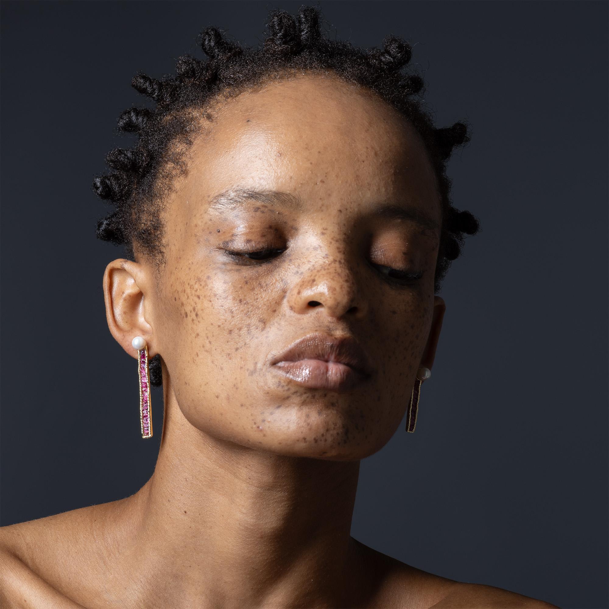 Rough Cut German Kabirski Esther Raw Ruby & White Cultured Pearl Asymmetric Earrings For Sale