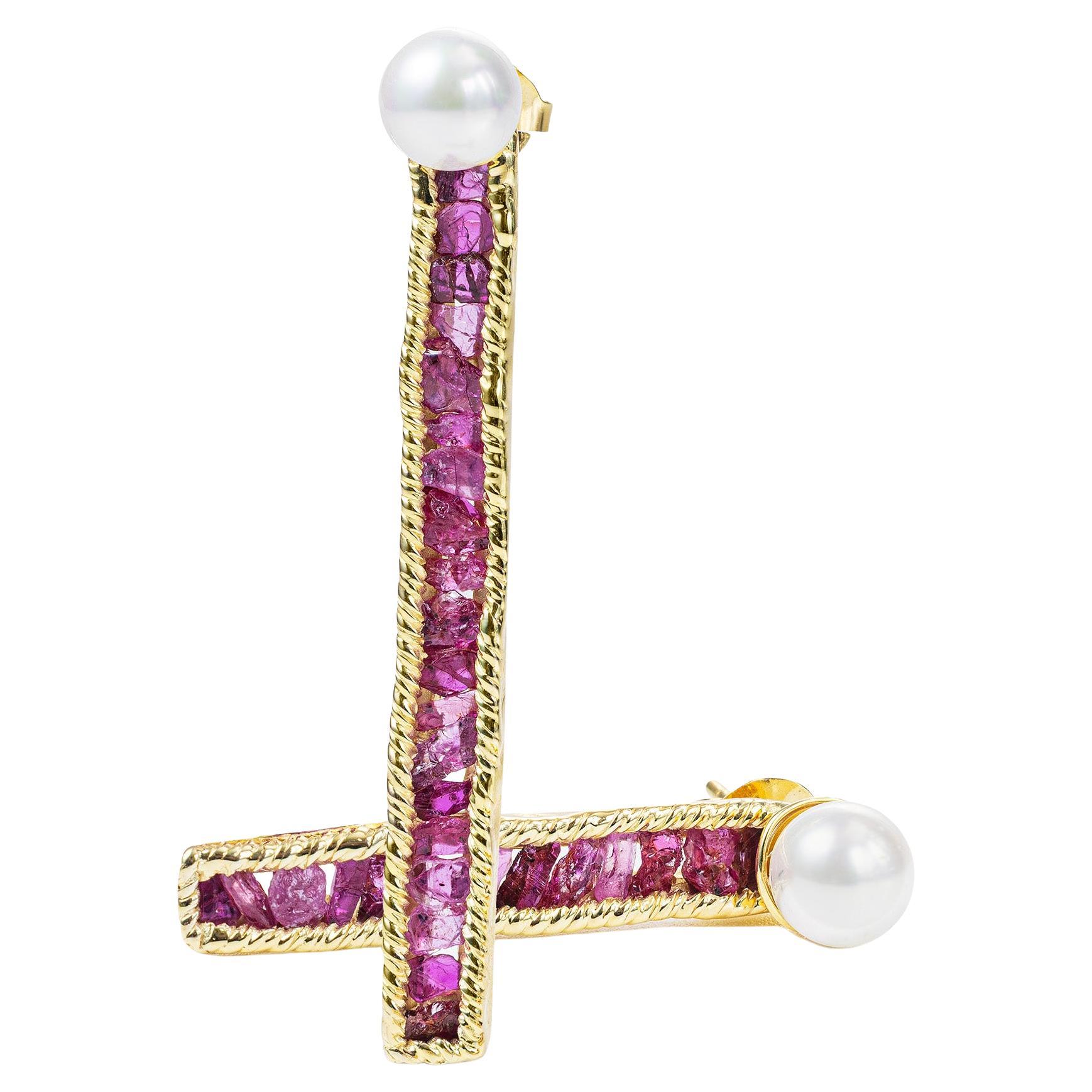 German Kabirski Esther Raw Ruby 
White Cultured Pearl Asymmetric Earrings For Sale