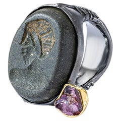 German Kabirski Faravahr 925 Sterling Silver Ring with Raw Ruby & Ancient Seal