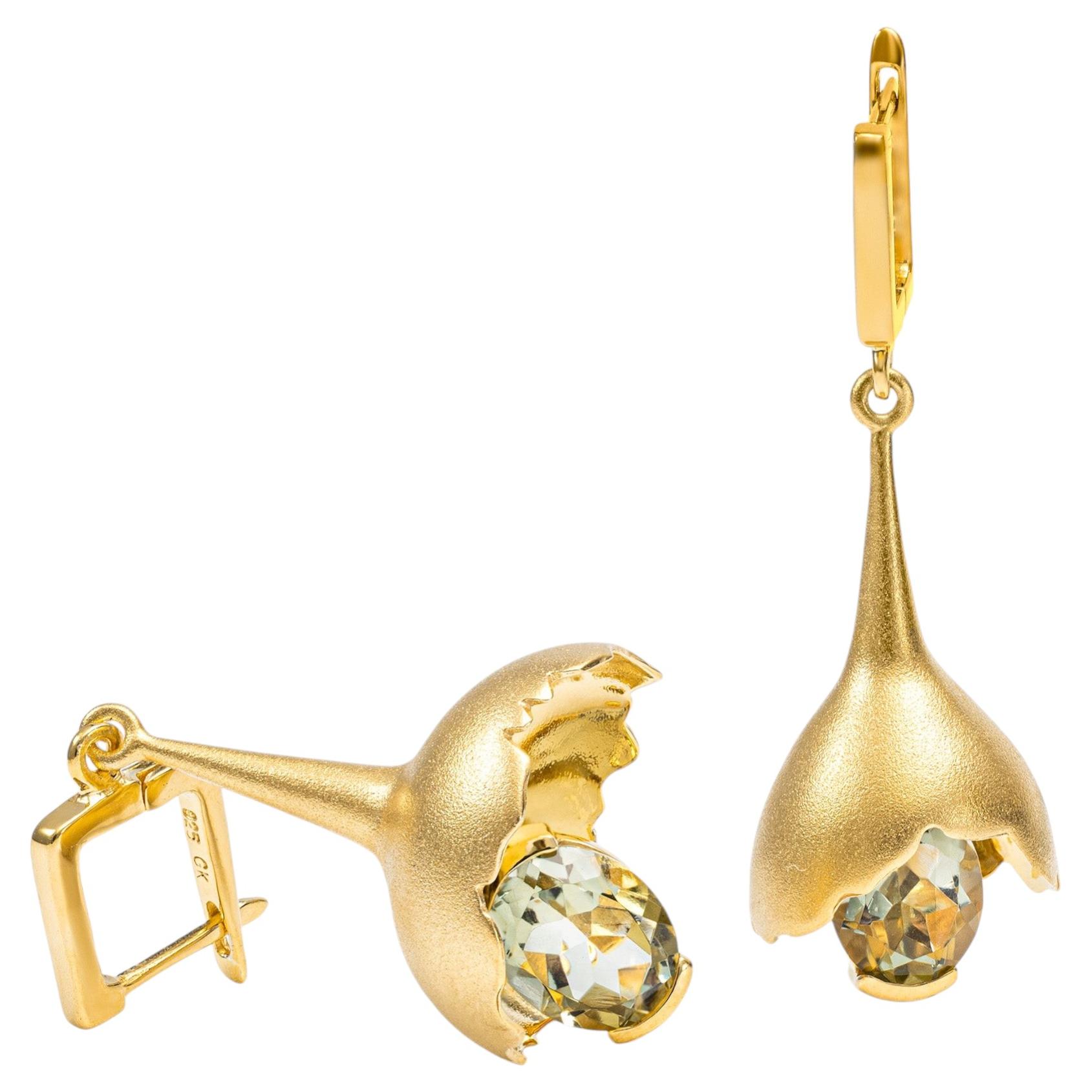 German Kabirski Gobl 14K Gold Plated Silver Dange Earrings with Green Amethyst