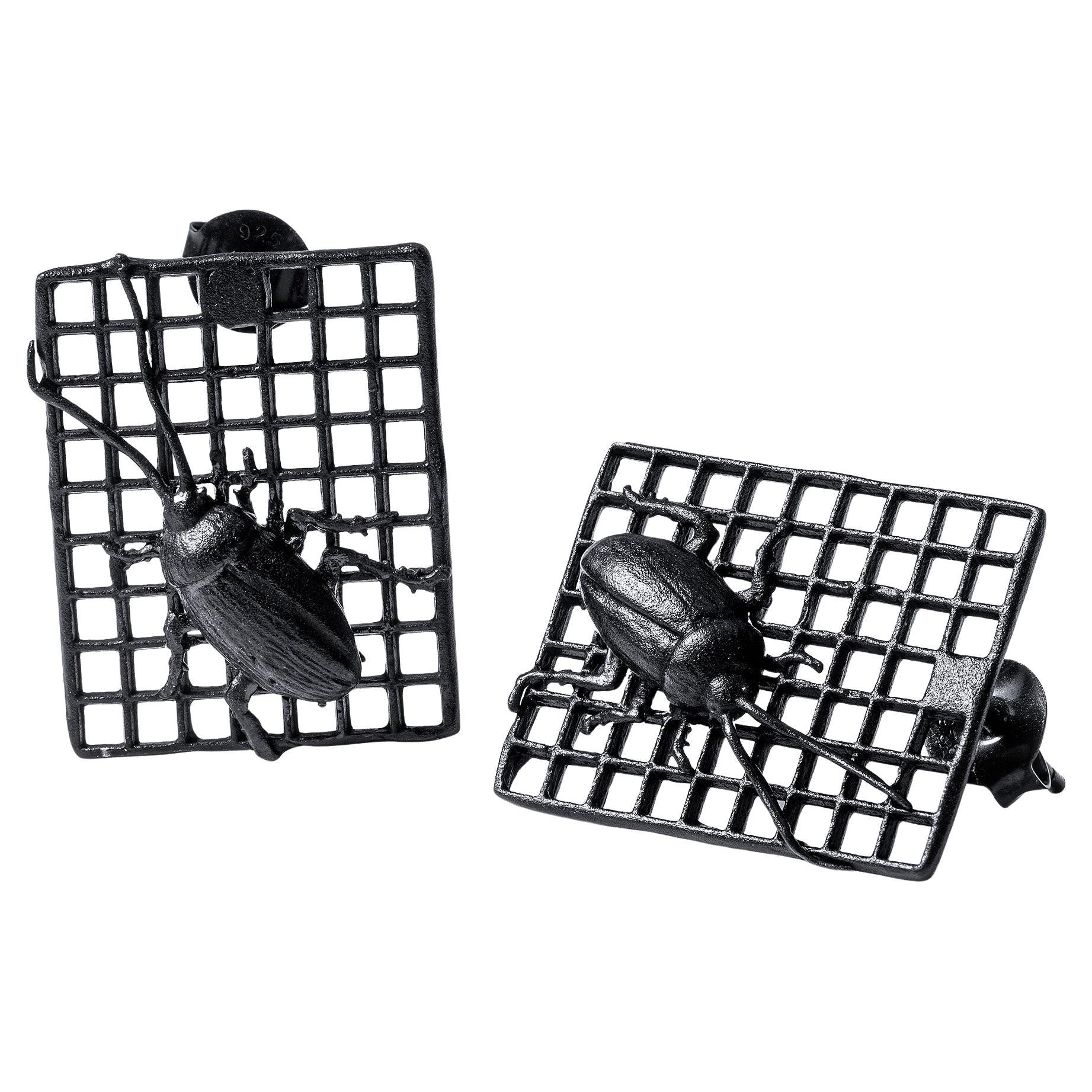 German Kabirski Goki Black Anthracite Silver Earrings with Tiny Cockroaches For Sale