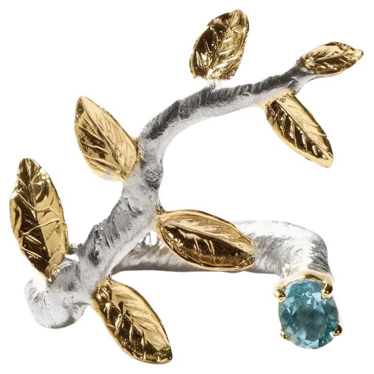 German Kabirski Haara Flower Motif Blue Topaz Silver Ring For Sale