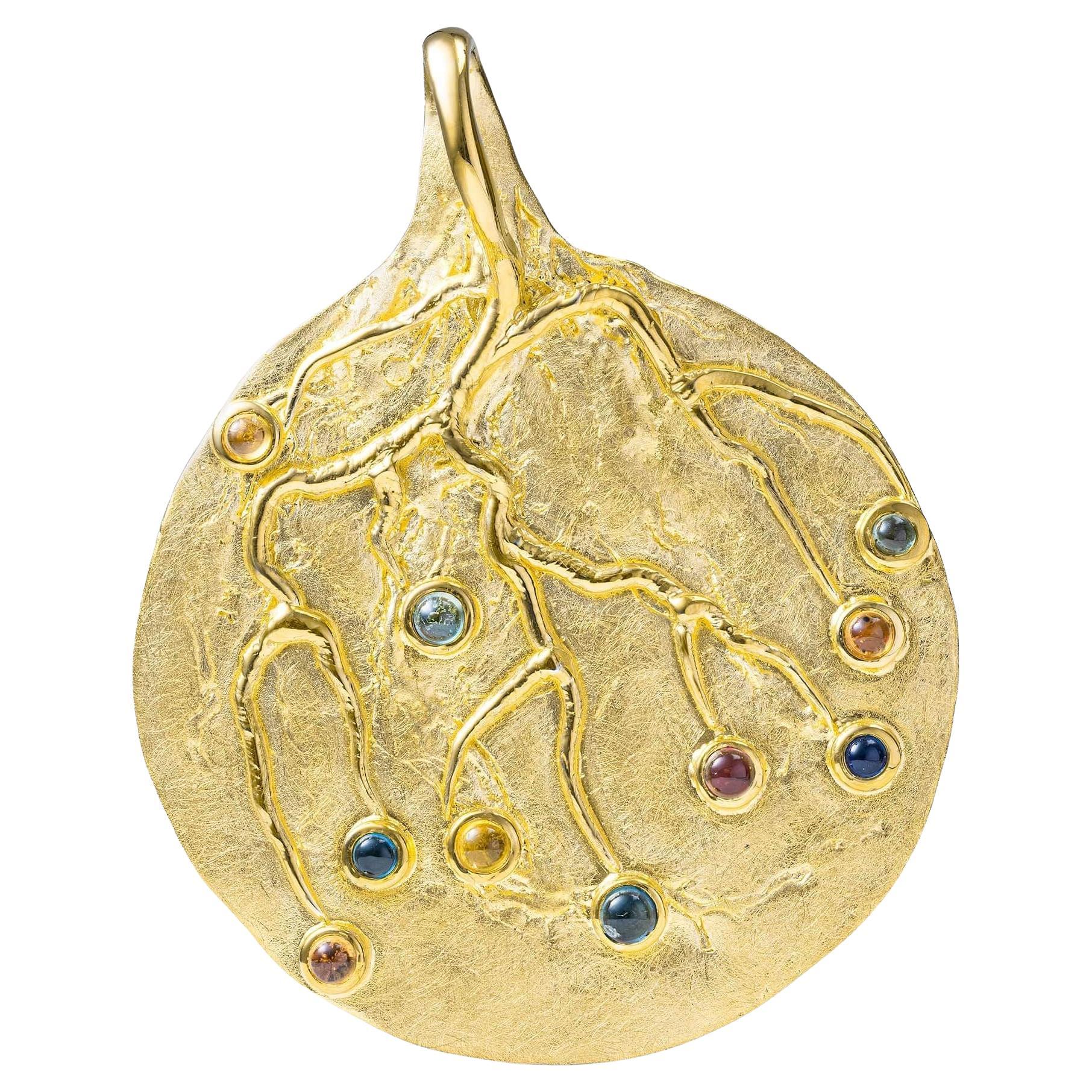 German Kabirski Helio Singular Edition Sapphires Gold Plated Silver Pendant For Sale