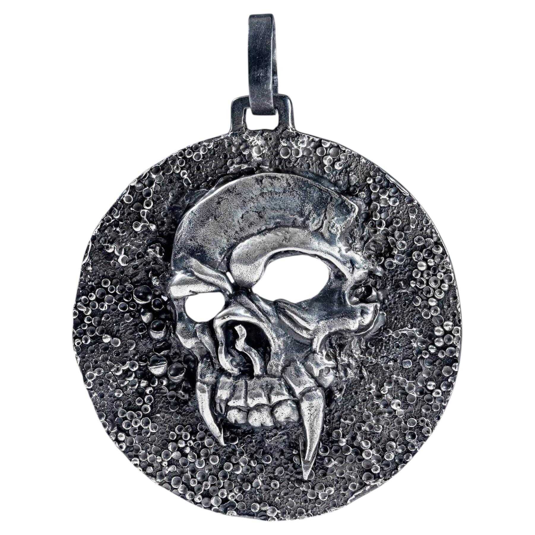 German Kabirski Helm Oxidized 925 Silver Skull Pendant on Dark Textured Surface For Sale