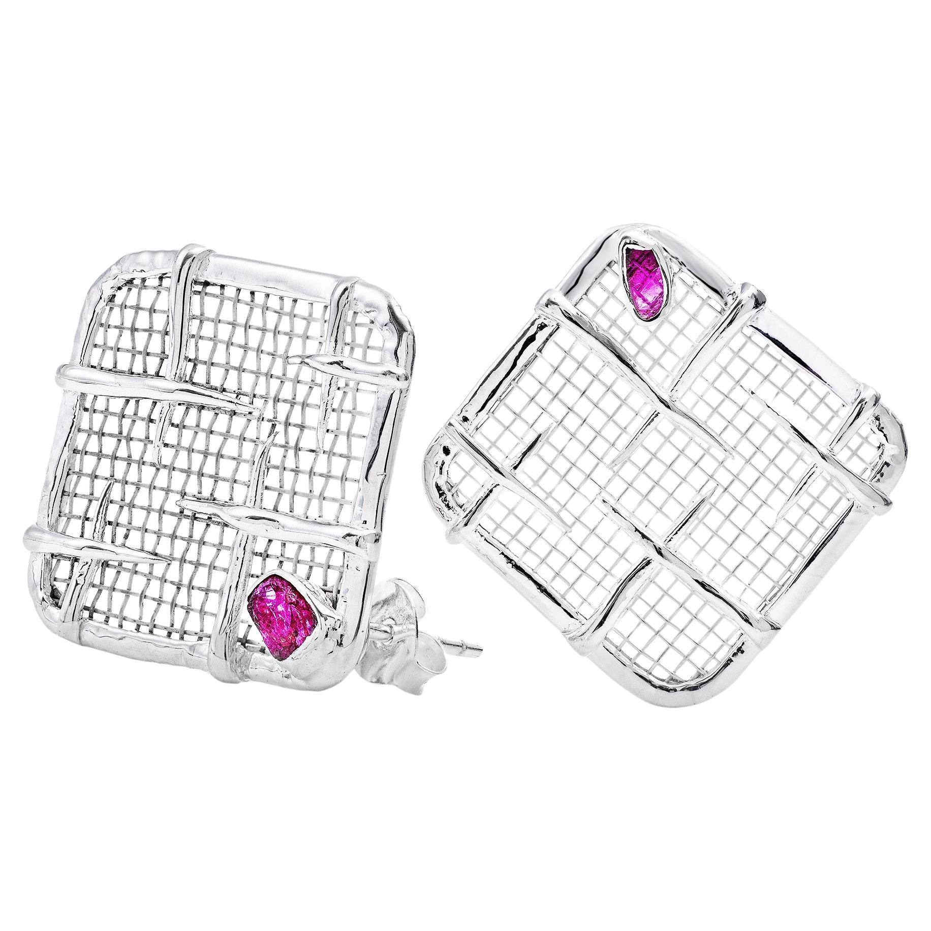 German Kabirski Jaal Lightweight Natural Raw Ruby Silver 
Titanium Earrings