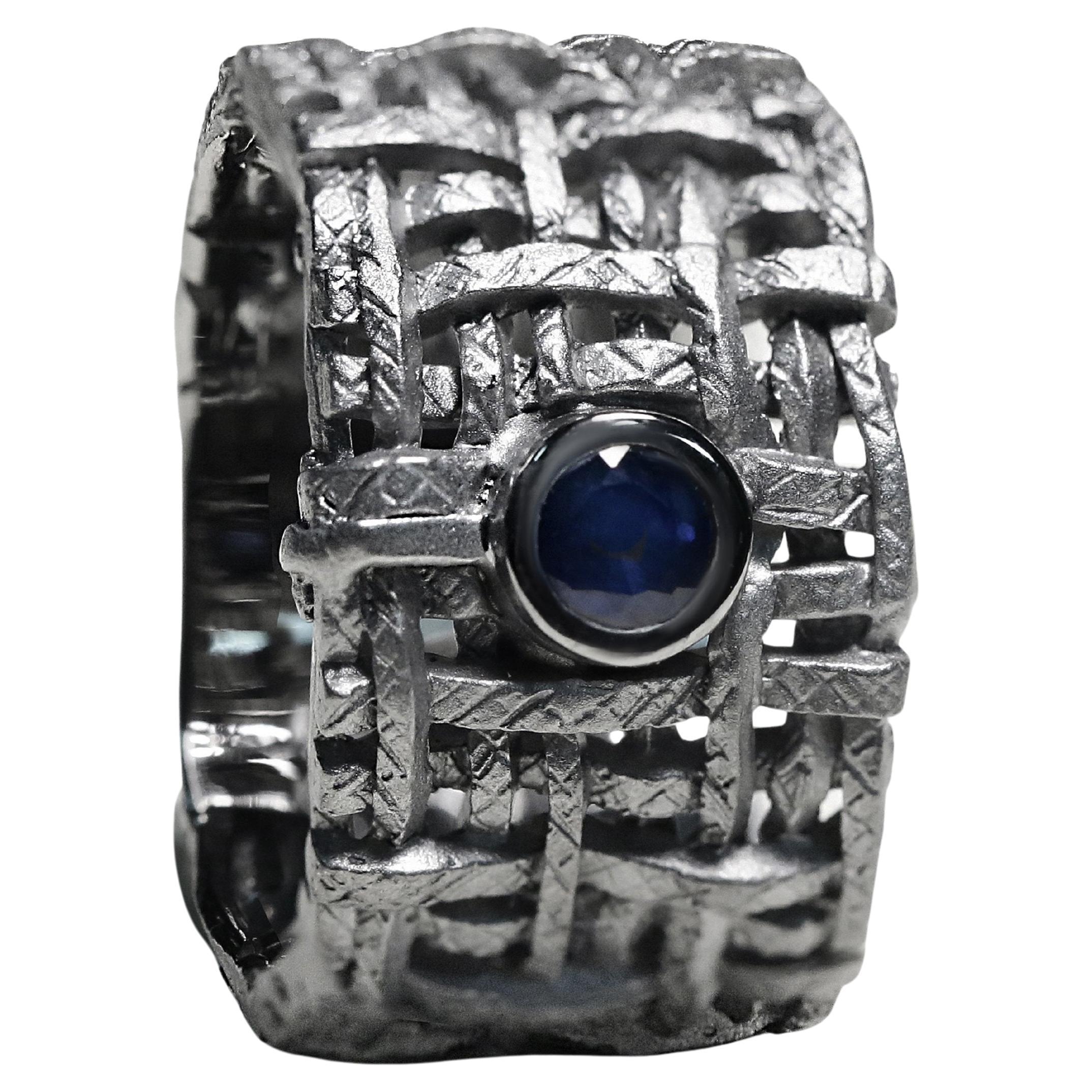 German Kabirski Kail Unisex Natural Round Blue Sapphire Silver Ring