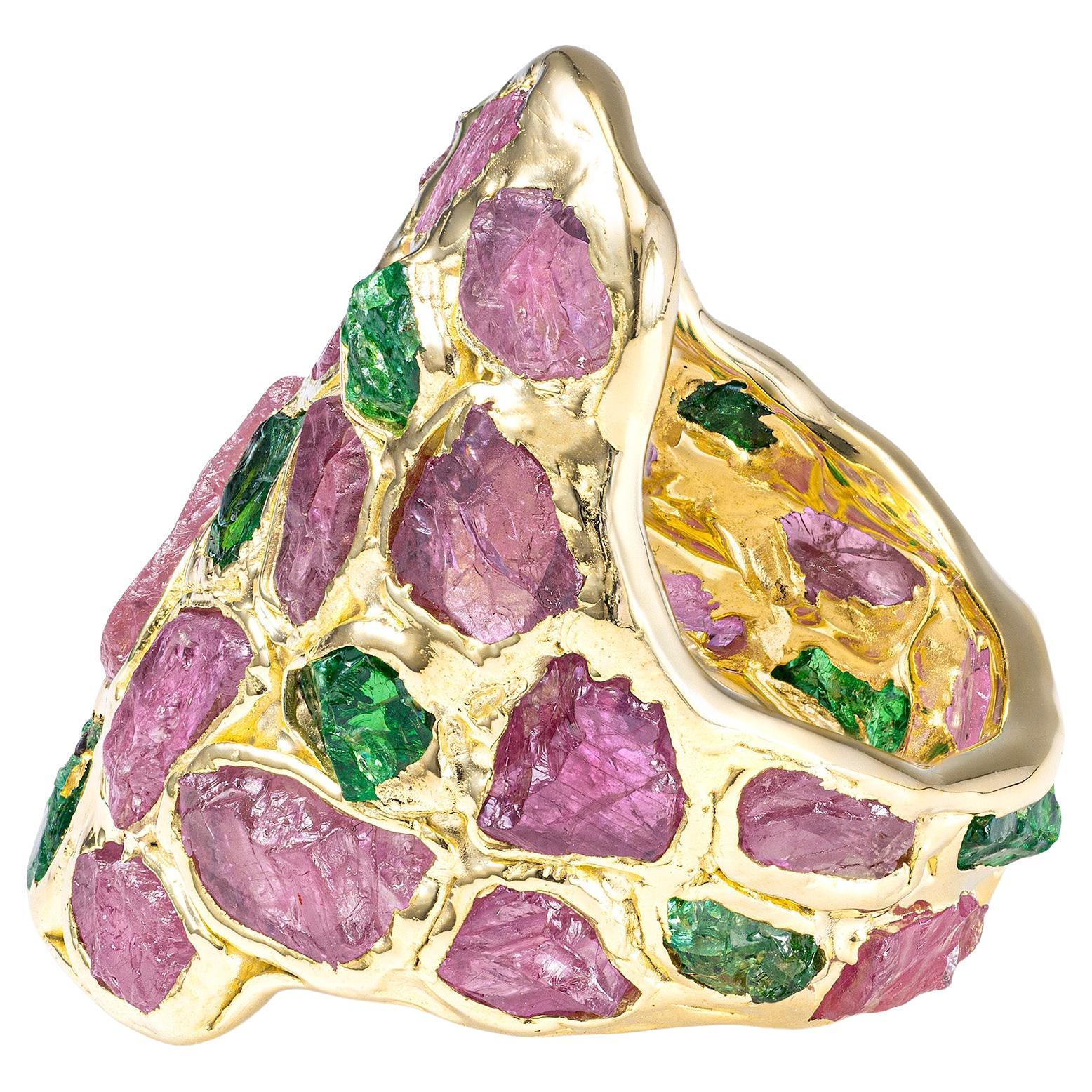 German Kabirski Kelea Handcrafted Spinel 
Tsavorite Gold Plated Silver Ring