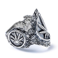 Bague Kabirski Kush en argent 925 oxydé avec symbole de cannabis