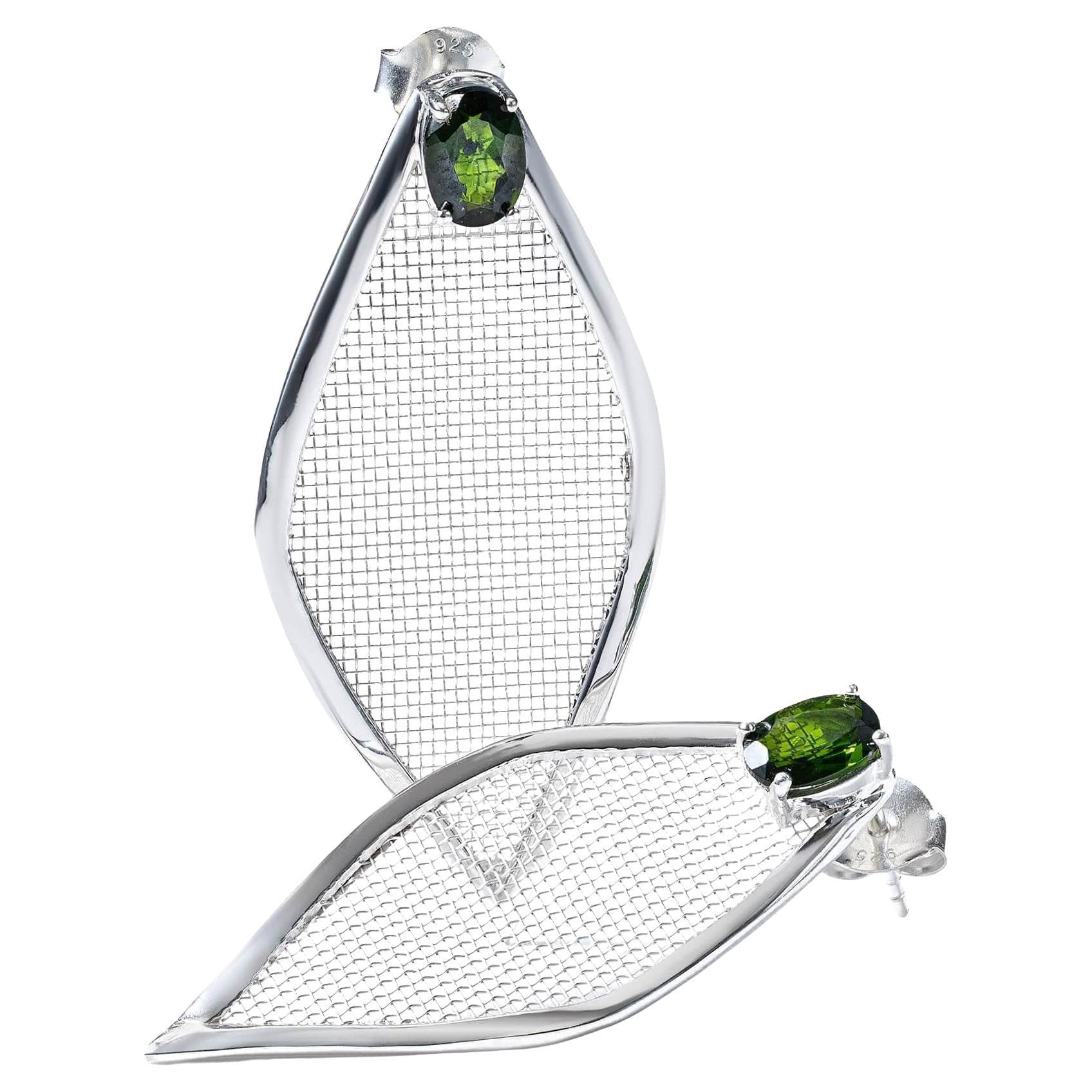 German Kabirski Liora Oval Cut Chrome Diopside Asymmetric Silver Earrings
