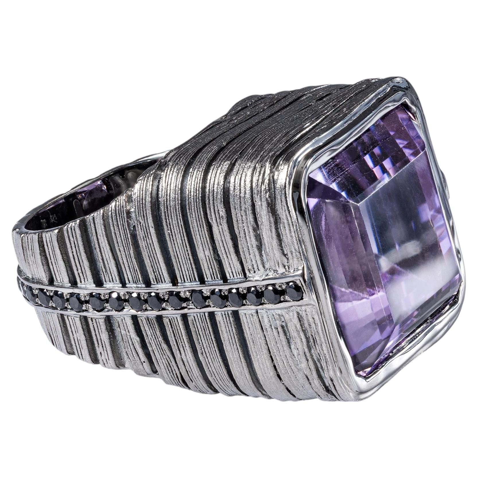 German Kabirski Liron Singular Edition Silver Ring With Amethyst & Black Spinel