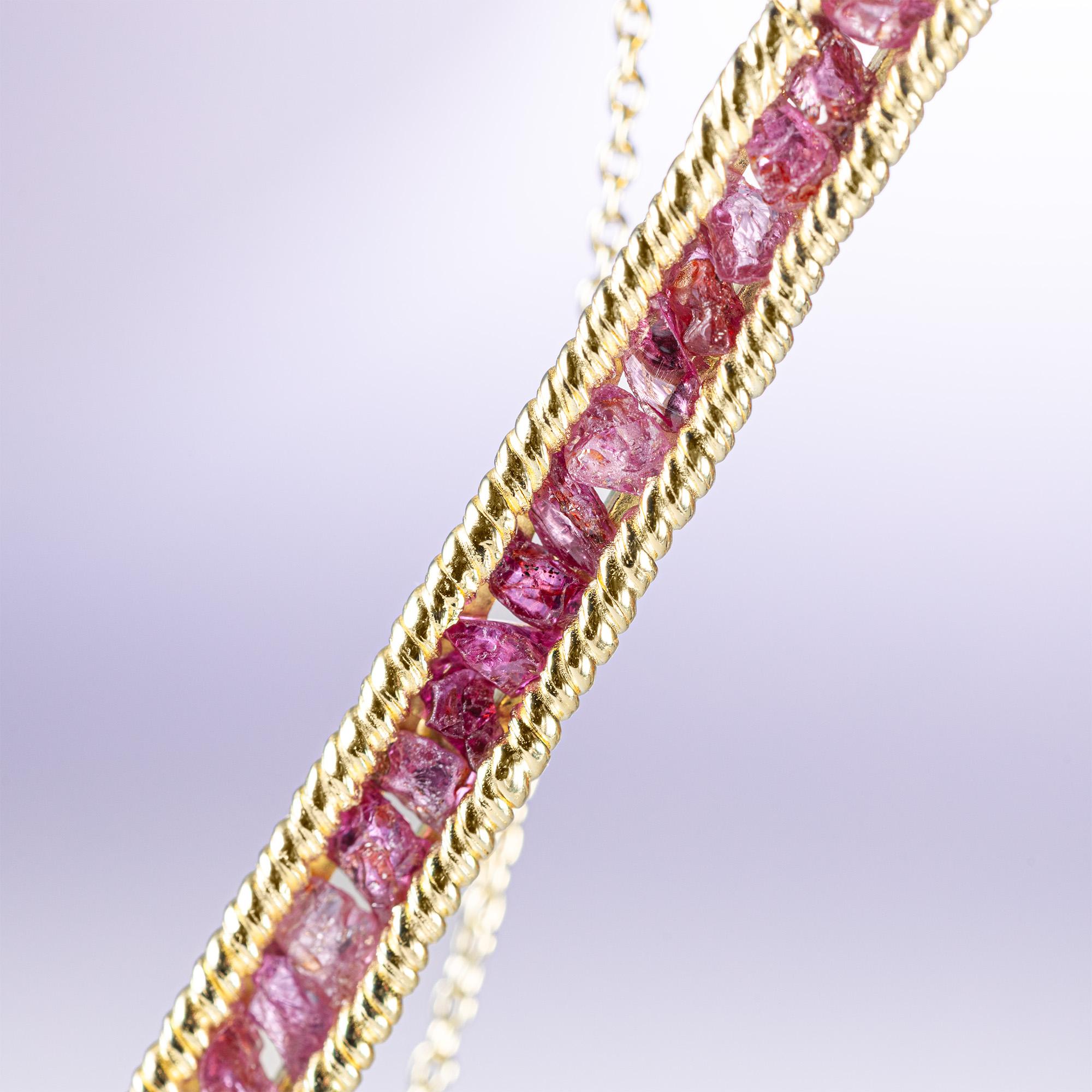 Contemporaneo German Kabirski Lithos Natural Raw Rubies Gold-Plated Silver Necklace in vendita