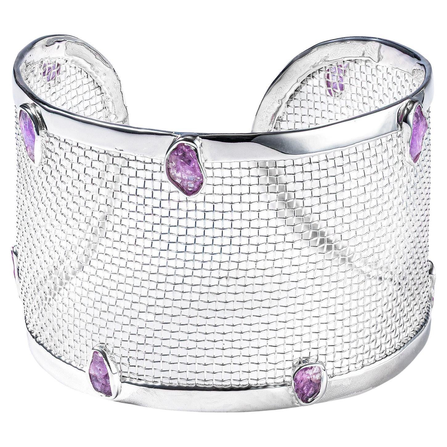 German Kabirski Lumen Raw Pink Sapphires Silver Bracelet For Sale