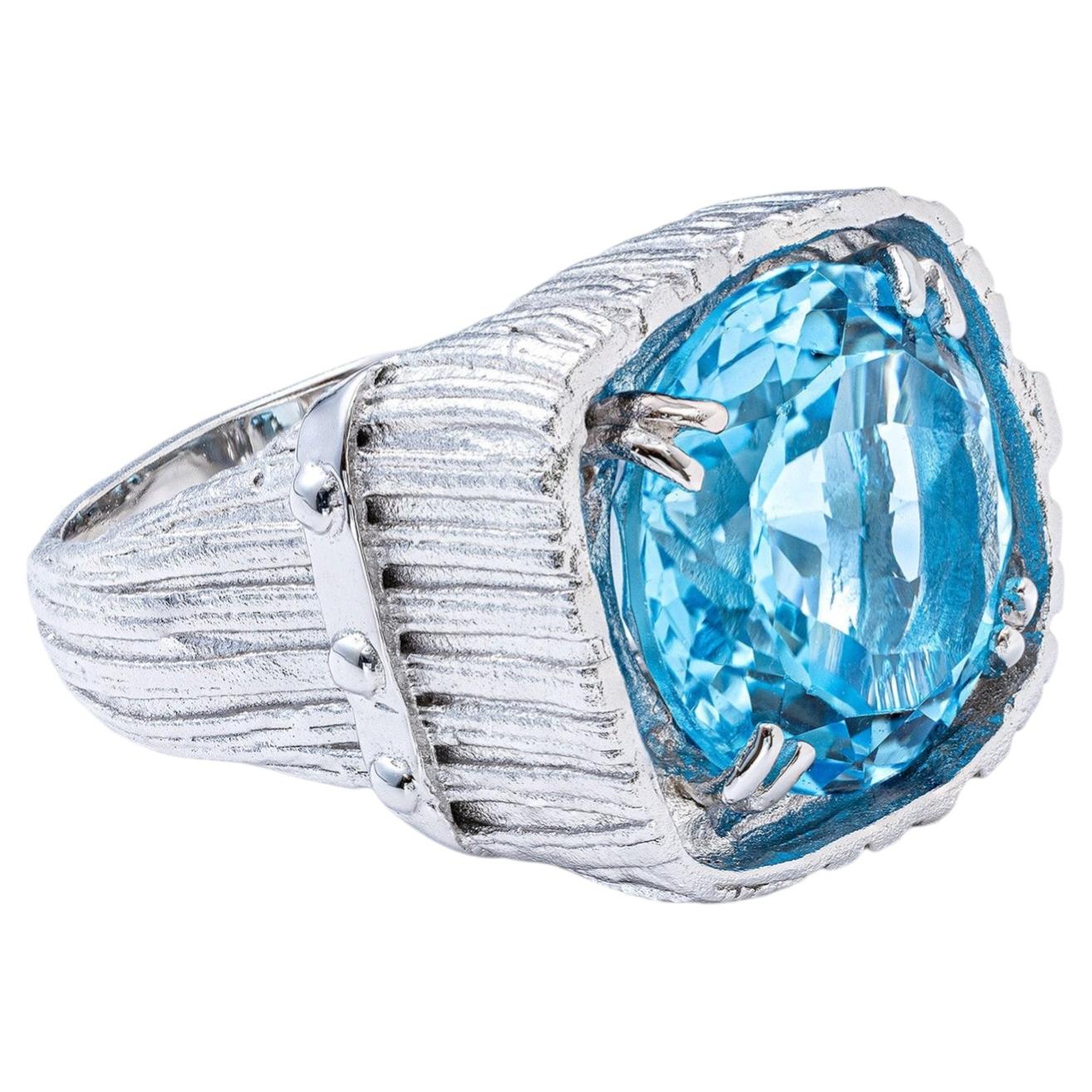 German Kabirski Lyric Rhodium Plated Silver Ring with Round-Cut Blue Topaz