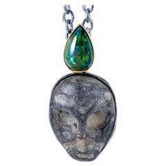 German Kabirski Mormo Silver Pendant with Ancient Limestone Maskette & Opal