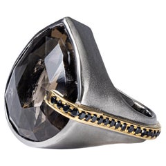 Deutscher Kabirski Nexor-Ring aus 925er Sterlingsilber mit Rauchquarz und schwarzem Spinell