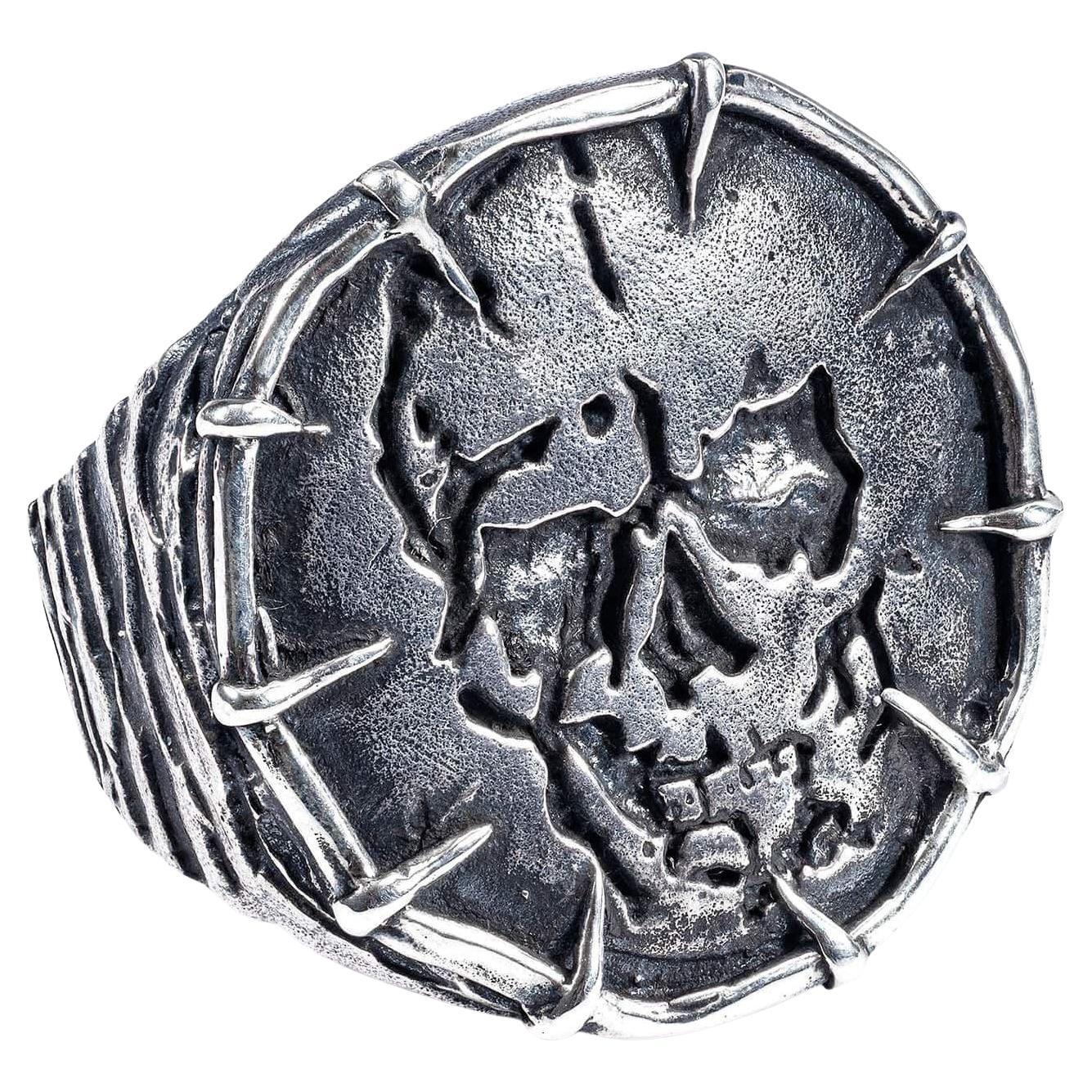German Kabirski Noctis Bague en argent fabriquée à la main avec motif de crâne estampé