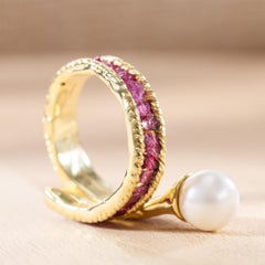 German Kabirski Rhea Raw Rubies & Cultured Pearl Gold Plated Silver Ring