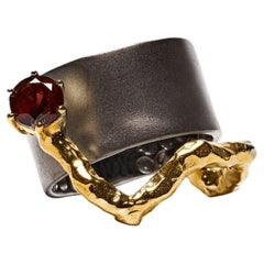 German Kabirski Rowena Black Rhodium & 18K Gold Plated Silver Ring with Garnet