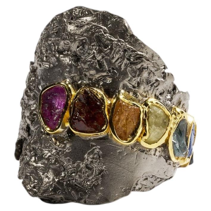 Deutsch Kabirski Septem Rhodinierter Silberring mit Saphir & Chrysoberyll im Angebot