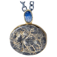 German Kabirski Shedu 925 Sterling Silver Necklace with Sapphire & Winged Amulet