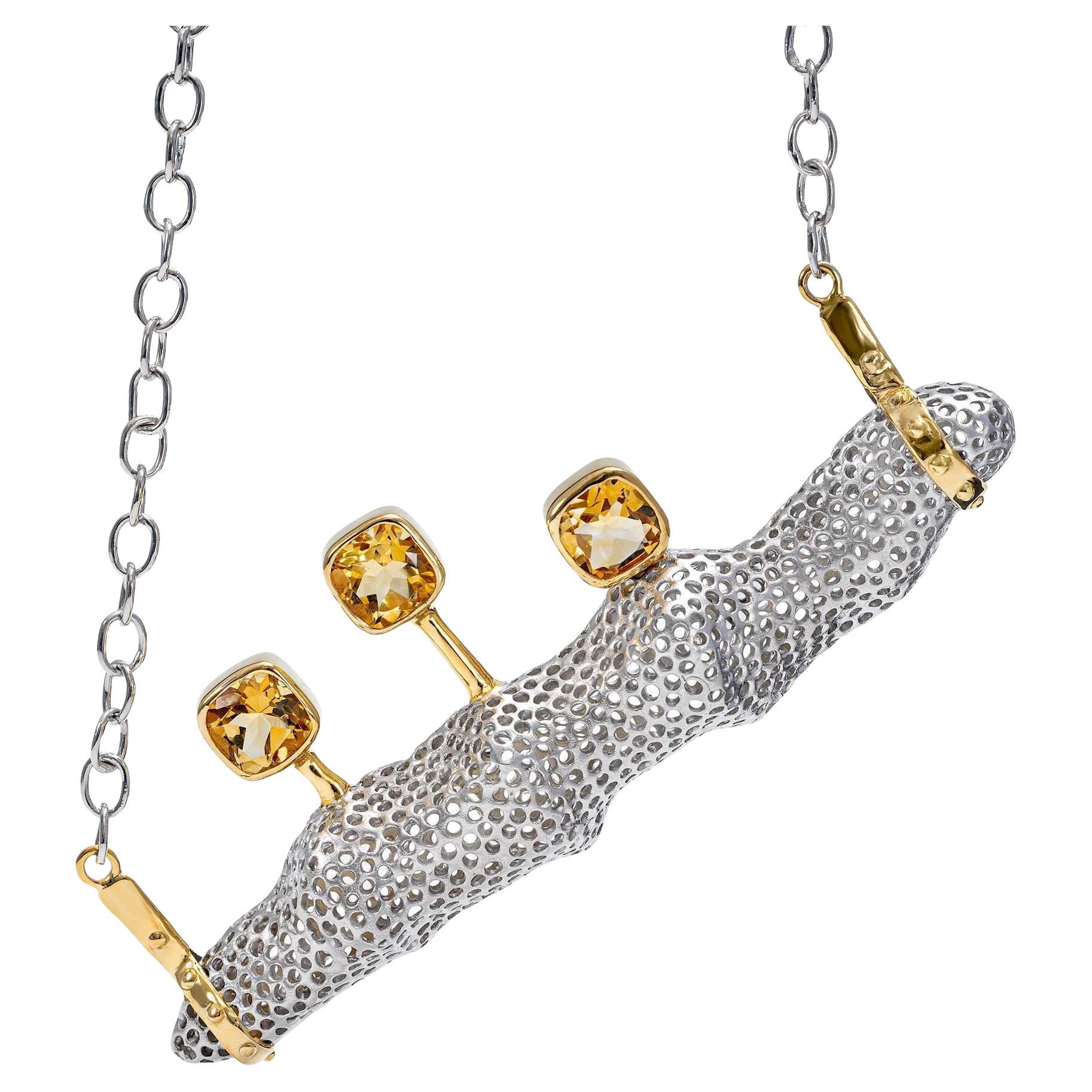 German Kabirski Sophos Singular Edition Cushion Cut Citrines Silver Necklace For Sale